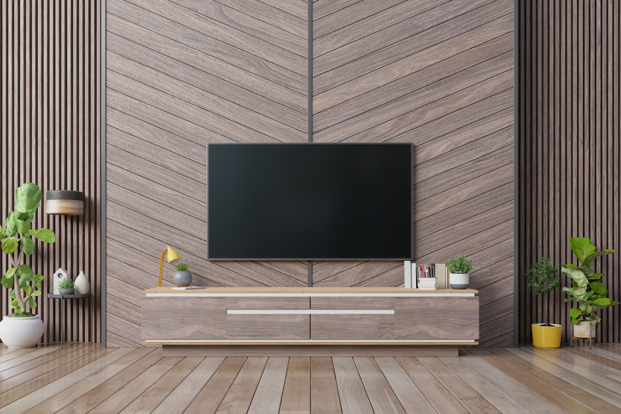 Smart Tv mockup hanging on herringbone wooden wall.